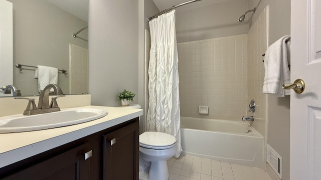 bathroom with tile patterned flooring, visible vents, toilet, vanity, and shower / bathtub combination with curtain