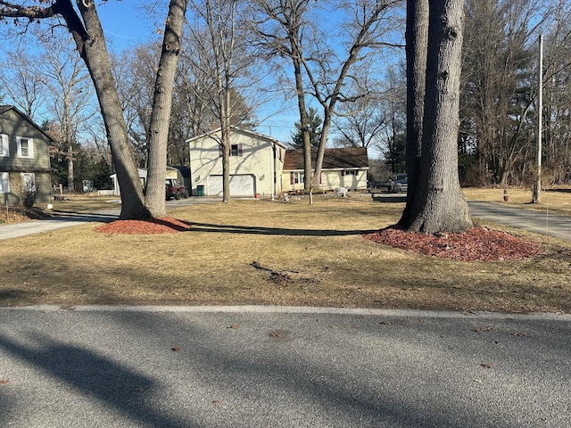 view of yard with a garage and driveway