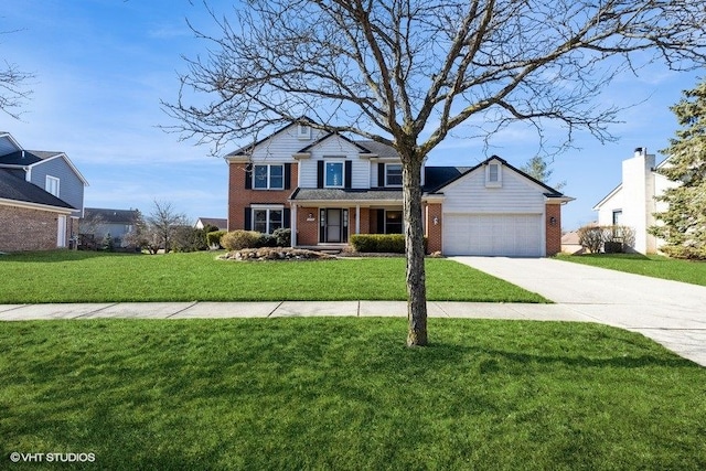 traditional home featuring brick siding, an attached garage, concrete driveway, and a front yard