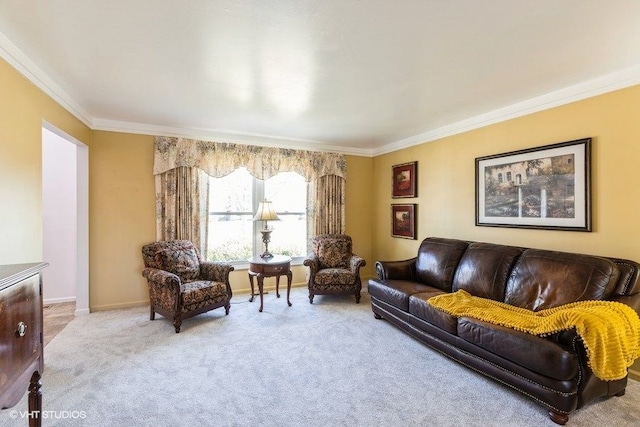 carpeted living area featuring crown molding and baseboards