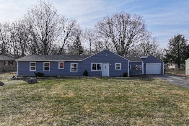 ranch-style house with aphalt driveway, a garage, a front lawn, and fence