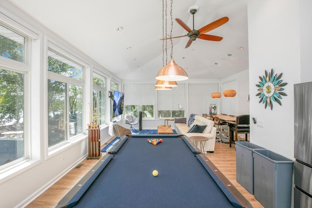 rec room with pool table, vaulted ceiling, light wood-style flooring, and ceiling fan