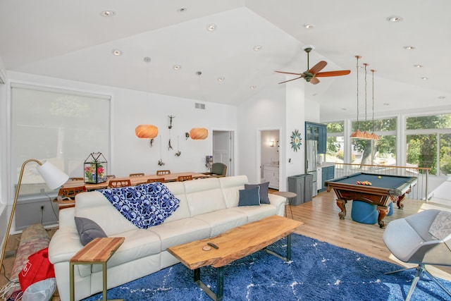 living room featuring visible vents, pool table, wood finished floors, high vaulted ceiling, and a ceiling fan