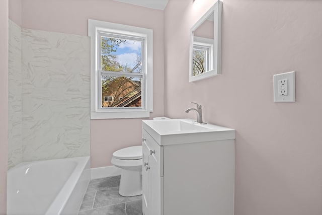 full bath featuring walk in shower, vanity, toilet, tile patterned floors, and a bathtub