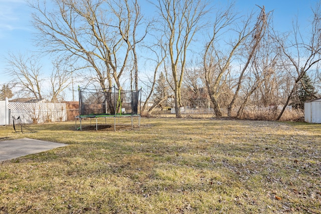 view of yard with a fenced backyard, a storage shed, an outbuilding, and a trampoline