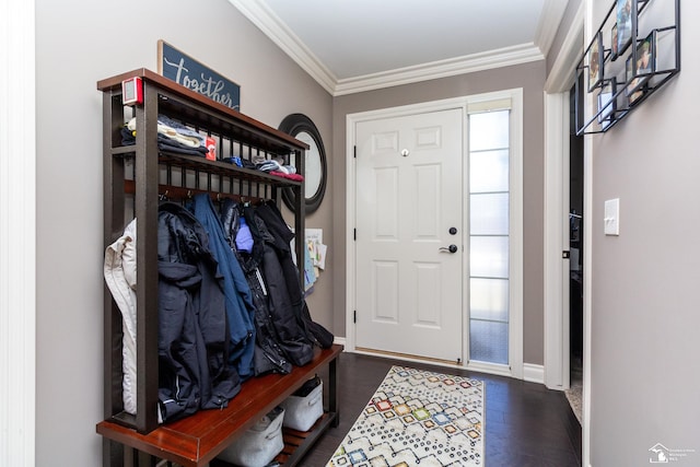 mudroom with dark wood-type flooring, baseboards, and ornamental molding