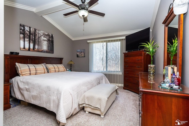 bedroom featuring ceiling fan, lofted ceiling, light colored carpet, and ornamental molding