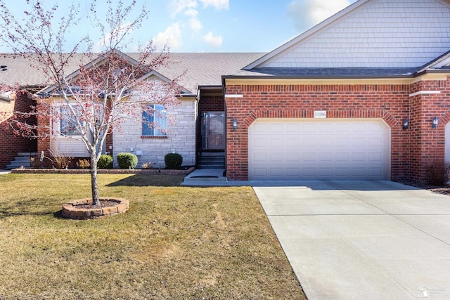 single story home featuring brick siding, a shingled roof, a front lawn, driveway, and an attached garage