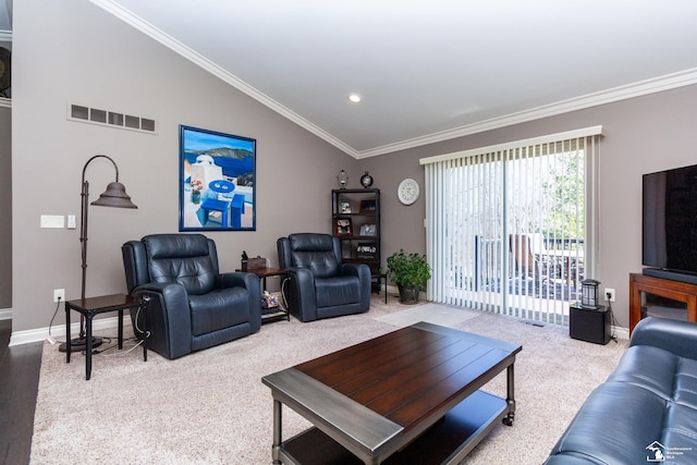 living room with baseboards, visible vents, carpet floors, vaulted ceiling, and crown molding