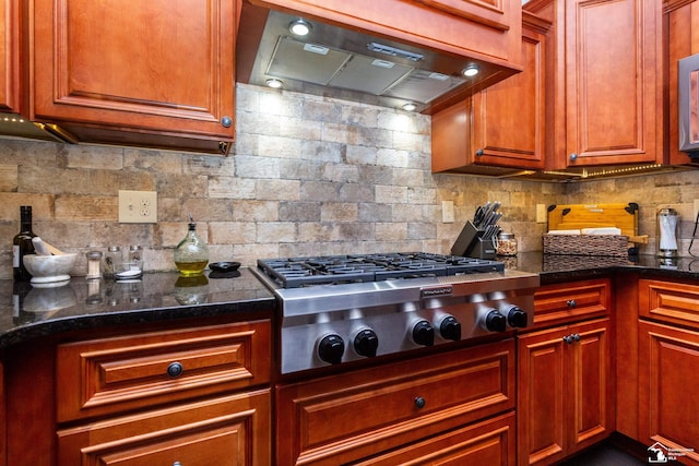 kitchen with under cabinet range hood, decorative backsplash, dark stone countertops, and appliances with stainless steel finishes