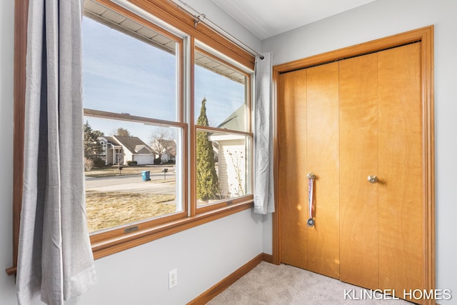 interior space with multiple windows, baseboards, a closet, and light carpet