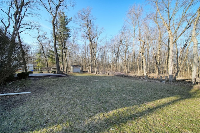 view of yard featuring an outdoor structure, a storage unit, and a wooden deck