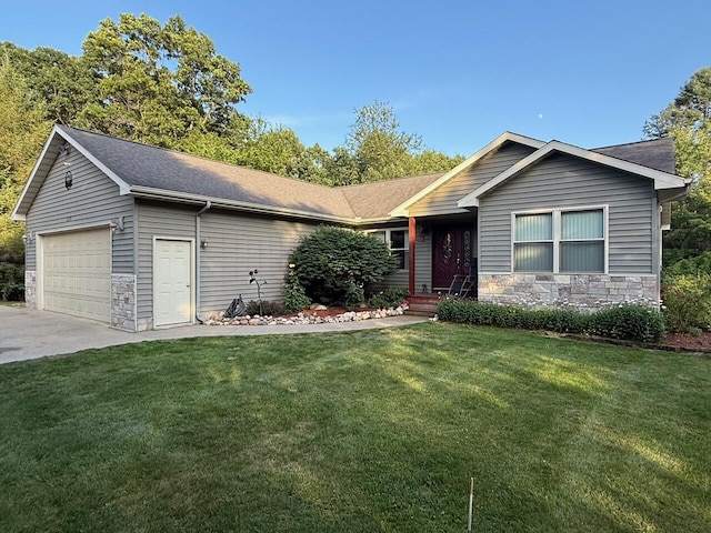 1357 W M-20, New Era, MI 49446 - ranch-style home with a garage, stone siding, a front lawn, and driveway