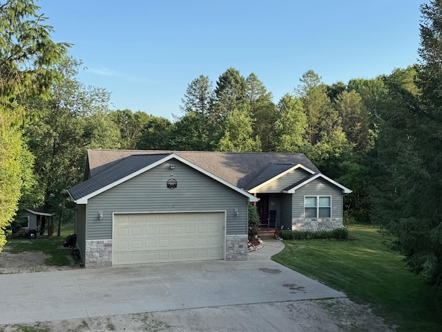 1357 W M-20, New Era, MI 49446 - ranch-style home with stone siding, driveway, a front lawn, an attached garage, and a shingled roof