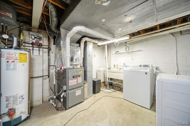 unfinished basement featuring washer and dryer, water heater, and a sink