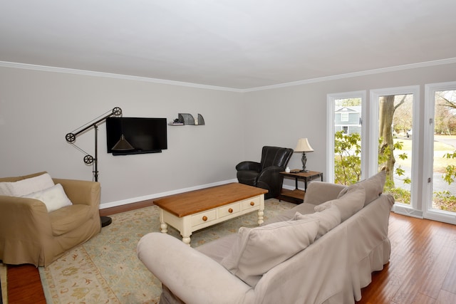 living room featuring wood finished floors, baseboards, and ornamental molding