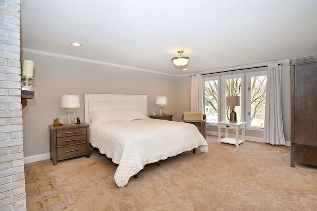 bedroom with recessed lighting, light colored carpet, baseboards, and ornamental molding