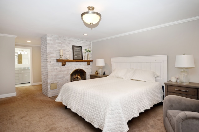 carpeted bedroom with recessed lighting, a brick fireplace, baseboards, and ornamental molding