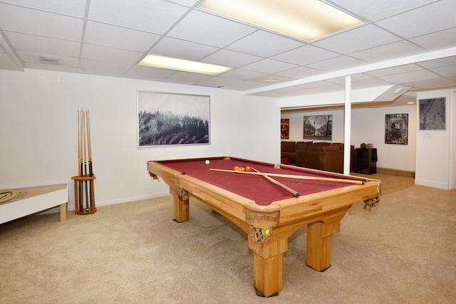 recreation room featuring billiards, a paneled ceiling, and light carpet