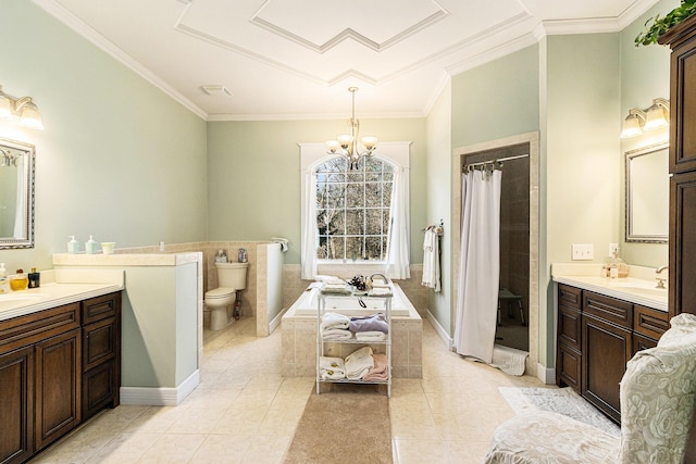 bathroom featuring tile patterned flooring, a stall shower, an inviting chandelier, and ornamental molding