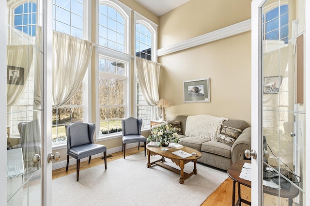 living room with baseboards, plenty of natural light, a high ceiling, and wood finished floors