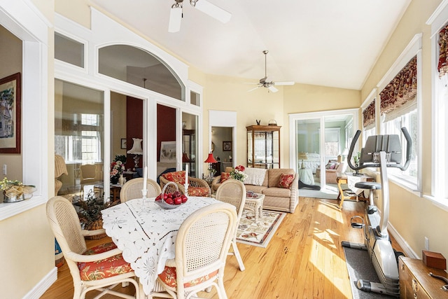 dining area with a wealth of natural light, light wood-style flooring, ceiling fan, and vaulted ceiling