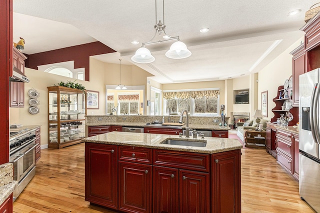 kitchen with a sink, dark brown cabinets, lofted ceiling, appliances with stainless steel finishes, and a kitchen island with sink