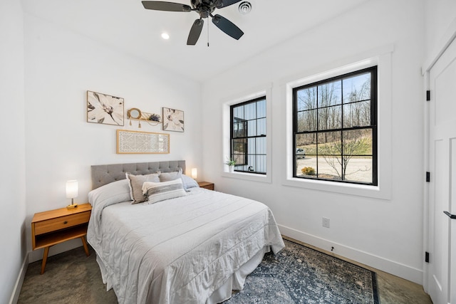 bedroom with recessed lighting, a ceiling fan, and baseboards