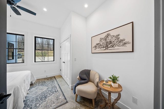 bedroom with a ceiling fan, recessed lighting, and baseboards