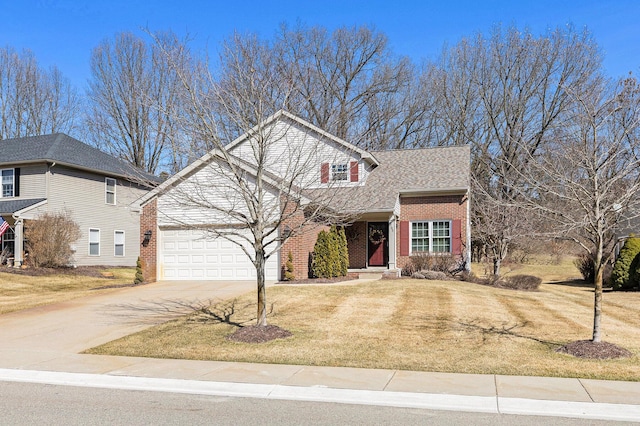 traditional-style house featuring brick siding, an attached garage, a front yard, roof with shingles, and driveway