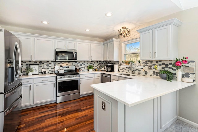 kitchen featuring decorative backsplash, a peninsula, appliances with stainless steel finishes, and a sink