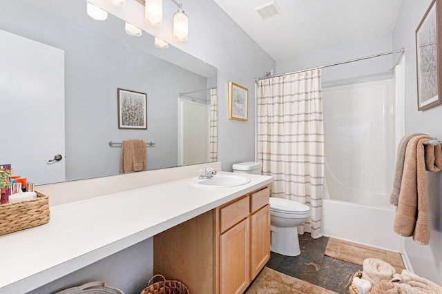 full bathroom with vanity, shower / bathtub combination with curtain, visible vents, stone finish floor, and toilet