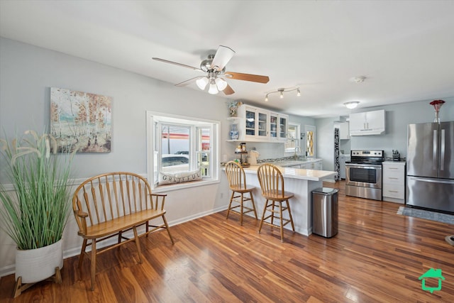 kitchen with glass insert cabinets, appliances with stainless steel finishes, a peninsula, and dark wood-style floors