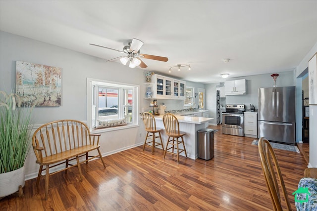 kitchen with glass insert cabinets, a peninsula, stainless steel appliances, dark wood-style floors, and white cabinetry