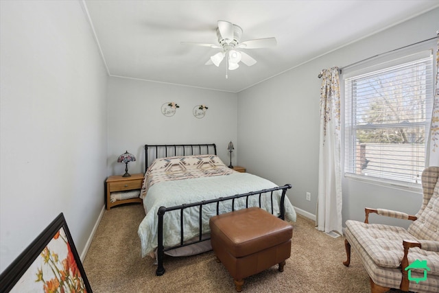 bedroom featuring baseboards, carpet floors, and ceiling fan