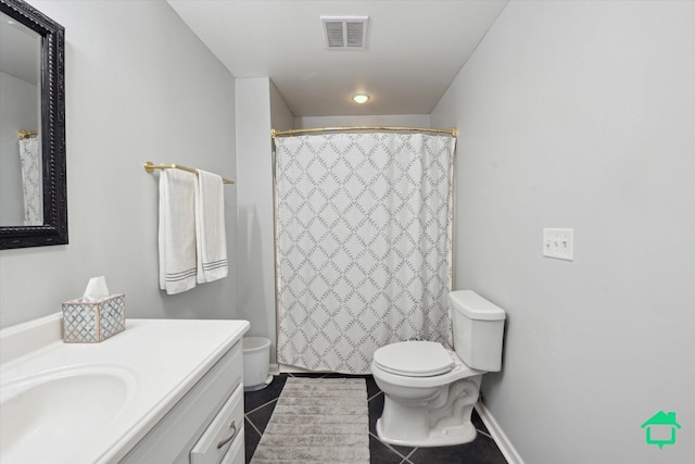 bathroom featuring vanity, baseboards, visible vents, tile patterned floors, and toilet