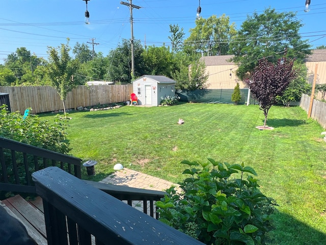 view of yard featuring an outbuilding, a storage unit, and a fenced backyard