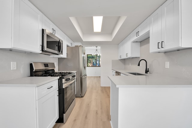 kitchen featuring a sink, appliances with stainless steel finishes, a peninsula, light countertops, and a raised ceiling