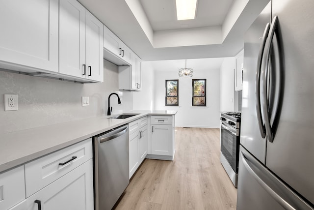 kitchen with white cabinets, appliances with stainless steel finishes, a tray ceiling, and a sink