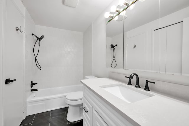 bathroom featuring tile patterned flooring, visible vents, toilet, bathing tub / shower combination, and vanity