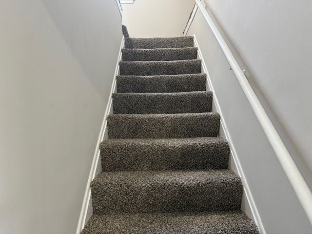 stairs featuring baseboards and carpet flooring