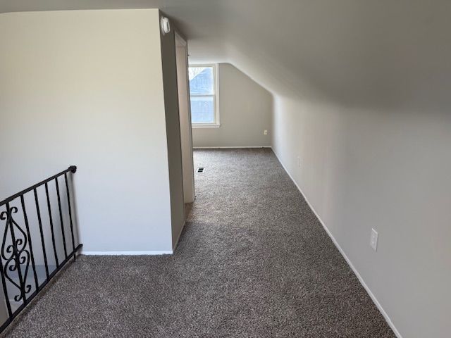 additional living space with vaulted ceiling, baseboards, and carpet floors