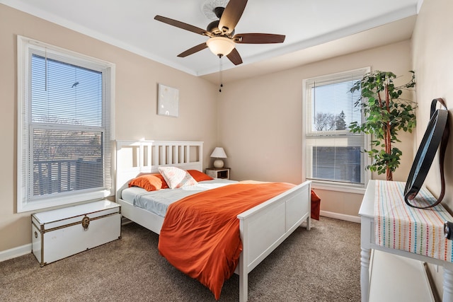 bedroom with baseboards, carpet, and ceiling fan