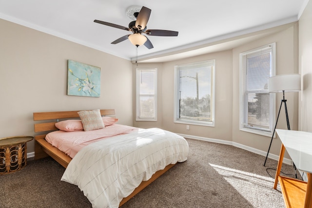 bedroom featuring carpet flooring, a ceiling fan, and baseboards