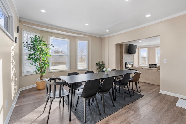 dining room with recessed lighting, baseboards, light wood-style flooring, and a tiled fireplace