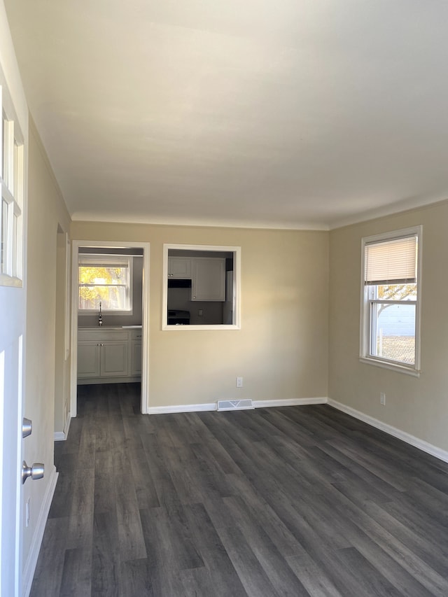 unfurnished room featuring a sink, visible vents, baseboards, and dark wood-style floors