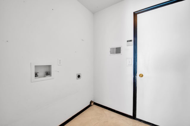 laundry area featuring baseboards, visible vents, laundry area, electric dryer hookup, and washer hookup