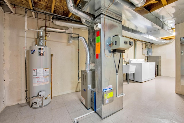 utility room featuring water heater, washing machine and dryer, and a sink