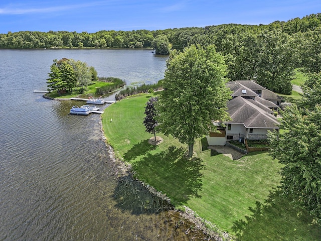 drone / aerial view featuring a water view and a view of trees