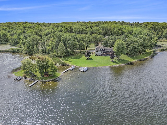 drone / aerial view featuring a forest view and a water view